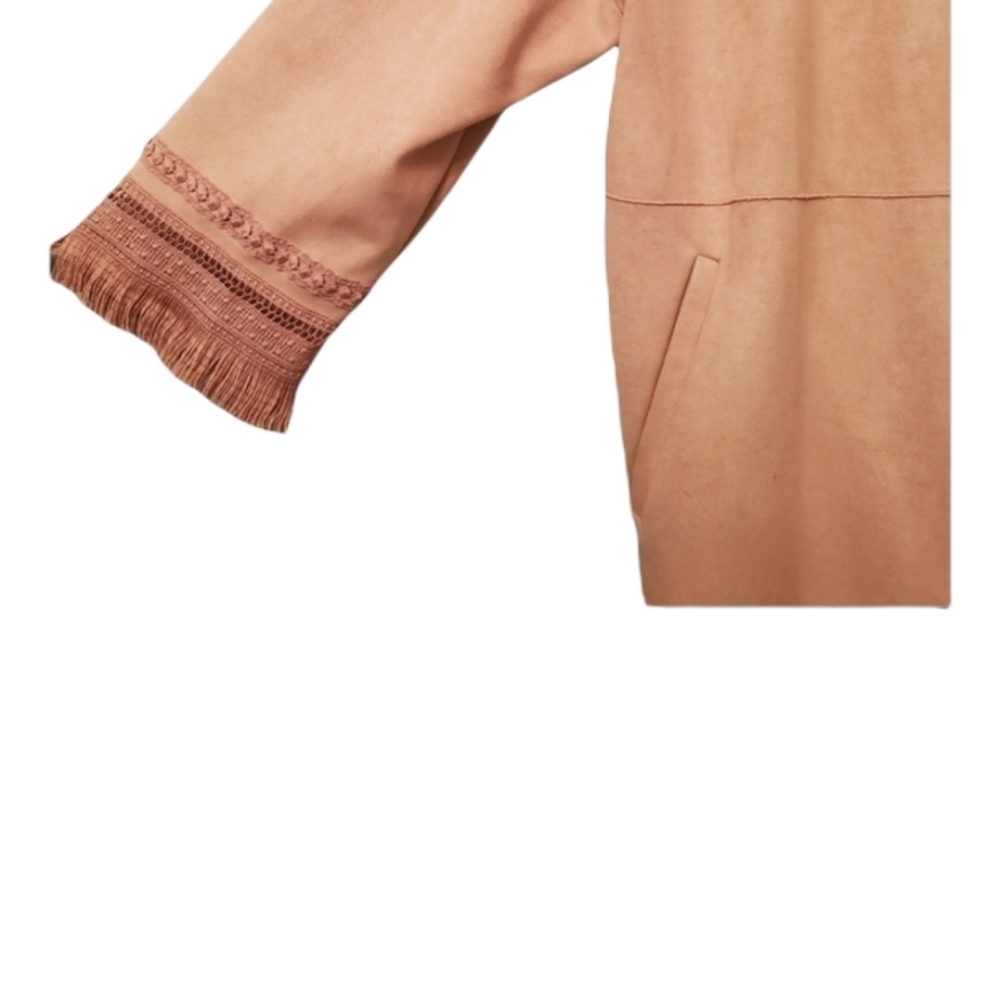 Women's Zara Jacket Faux Suede Fringe 3/4 Sleeves Light Dusty Pink Rose Medium M - Picture 9 of 16